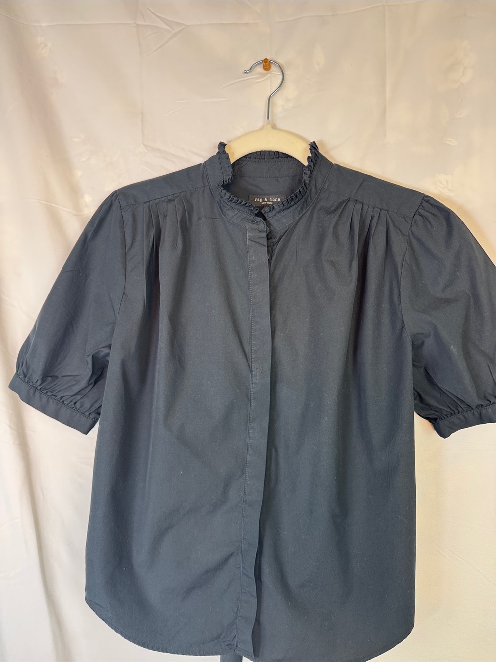 rag & bone Black Ruffled Mock Collar Short Sleeve Top